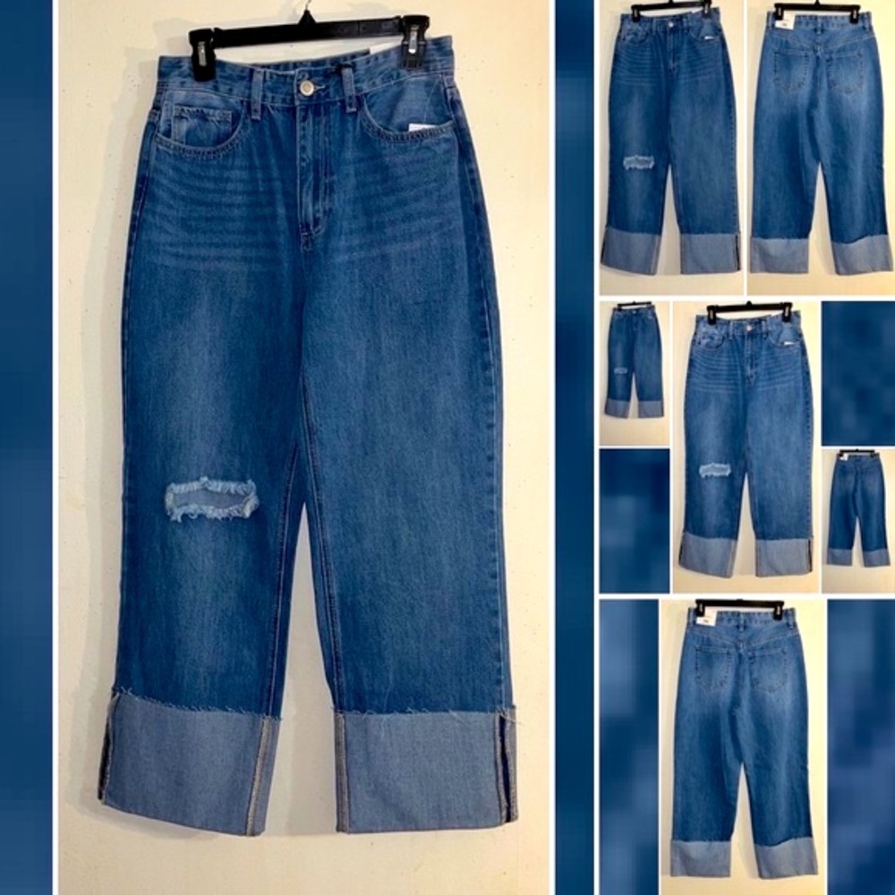YMI Wide Leg Mega Cuff Distressed Jeans